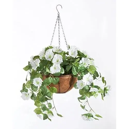 OakRidge Miles Kimball Fully Assembled Artificial Petunia Flower Hanging Basket, 10” Diameter and 18” Chain – Polyester/Plastic Flowers in Metal and Coco Fiber Liner Basket for Indoor/Outdoor Use OakRidge Miles Kimball Fully Assembled Artificial Petunia Flower Hanging Basket, 10” Diameter and 18” Chain – Polyester/Plastic Flowers in Metal and Coco Fiber Liner Basket for Indoor/Outdoor Use