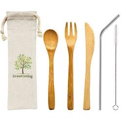 Natural Bamboo To Go Cutlery Set- Washable Reusable Utensils, 7.5 inch bamboo spoon fork knife with Metal Straw, Cleaning Brush Carry Pouch, Eco-Friendly Travel Flatware Kit