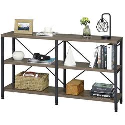 KICODE Rustic Console Table, 55 Inch Sofa Table with Storage Shelf, Industrial Hallway Table, 3 Shelf Open Bookshelf (Dark Gray Oak)