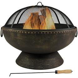 Sunnydaze Outdoor Fire Pit Bowl - 30 Inch Large Round Wood Burning Patio & Backyard Firepit for Outside with Spark Screen, Fireplace Poker, and Metal Grate