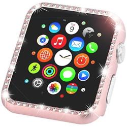 Leotop Compatible with Apple Watch Case 38mm, Metal Bumper Protective Cover Frame Accessories Women Girl Bling Shiny Crystal Rhinestone Diamond Compatible iWatch Series 3/2/1(Diamond Rose Gold, 38mm)