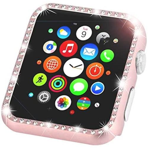 Leotop Compatible with Apple Watch Case 38mm, Metal Bumper Protective Cover Frame Accessories Women Girl Bling Shiny Crystal Rhinestone Diamond Compatible iWatch Series 3/2/1(Diamond Rose Gold, 38mm)