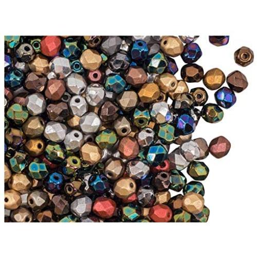 600 Pieces Czech Fire-Polished Faceted Glass Beads Round 4mm, Metal Mix