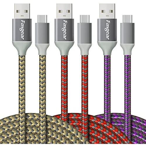 USB to USB C Cable (10ft), Fasgear 3 Pack Long Type C Cable Nylon Braided Fast Charging Compatible with Galaxy Note 8 9 S8/S9/S10/S10+, LG V20/G6 and More (Gold/Red/Purple)