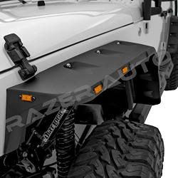 Razer Auto Rock Crawler Stubby Smooth Black Finished Pocket Style+Rivet Front+Rear 4pcs Fender Flares w/ 10x LED Light Side Maker (Smooth Black) for 07-17 Jeep Wrangler JK