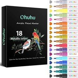 Metallic Acrylic Markers Pen, Ohuhu 18-color Paint Pens for Rock Painting Art, DIY Ceramic, Water-Based Metallic Glitter Acrylic Ink Painting for Porcelain, Metal, Wood, Fabric Valentines Day DIY