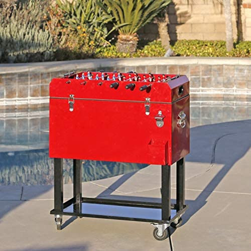 Clevr 68 Quart Qt Red Patio Cooler Ice Chest with Foosball Table Top, Portable Patio Party Bar Cold Drink Rolling Cart on Wheels with Tray Shelf,17 Gallon/ 65L Outdoor Rolling Beverage Cart