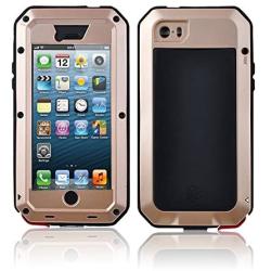 New Waterproof Shockproof Aluminum Gorilla Glass Metal Military Heavy Duty Armor Bumper Cover Case for Apple iPhone 5 5S Home Key +Fingerprint (Gold)