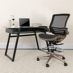 Flash Furniture Mid-Back Transparent Black Mesh Drafting Chair with Melrose Gold Frame and Flip-Up Arms