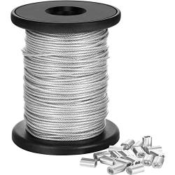 Chengu Vinyl Coated Picture Frame Hanging Wire, Stainless Steel Wire Spool with 20 Pieces Aluminum Crimping Loop Sleeve, Supports up to 110 Lbs (1.5 mm x 98 Feet)