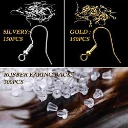 600PCS 925 Hypo-allergenic Earring Hooks with 150 PCS Silver,150 PCS Gold Earring Hooks and 300 PCS Soft Clear Bullet Earring Backs for DIY Making