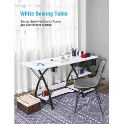 Sewing Craft Table, Sewing Machine Desk with Adjustable Folding Shelves and Storage Drawer, X Frame Sturdy Multipurpose Sewing Desk, White MDF, 57.1×23.6×29.9 inches