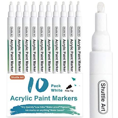 White Paint Pen, Shuttle Art 10 Pack Fine Tip Acrylic Paint Pens, Water-Based Quick Dry Paint Markers for Rock, Wood, Metal, Plastic, Glass, Canvas, Ceramic