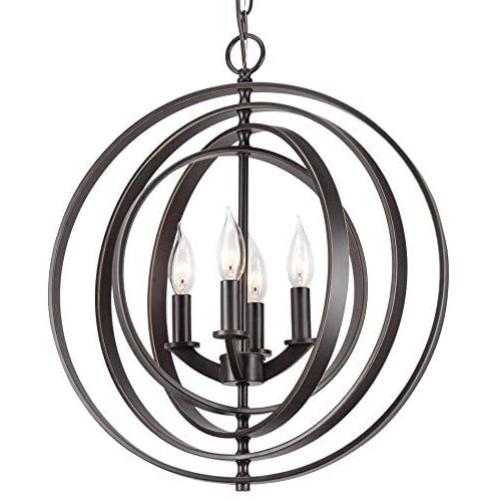Kira Home Orbits 18'' 4-Light Modern Farmhouse Orb/Globe Pendant Chandelier + Pivoting Interlocking Rings, Adjustable Height, Hand Painted Trim + Antique Bronze Finish