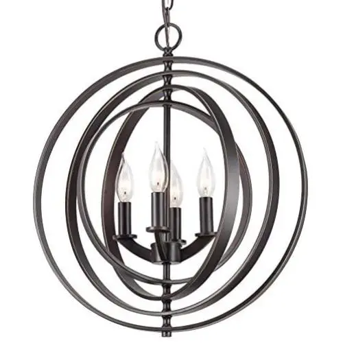 Kira Home Orbits 18'' 4-Light Modern Farmhouse Orb/Globe Pendant Chandelier + Pivoting Interlocking Rings, Adjustable Height, Hand Painted Trim + Antique Bronze Finish
