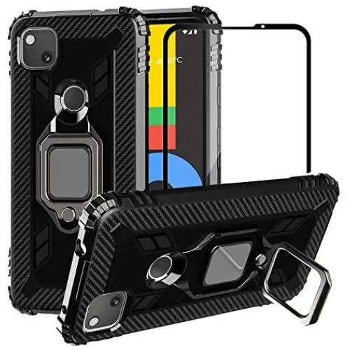 PULEN for Google pixel 4a Case with Screen Protector[1 Pack],Hybrid Armor Metal Ring Holder Magnetic Car Mount,Full Body Shockproof Sturdy Bumper Protective Cover - Black