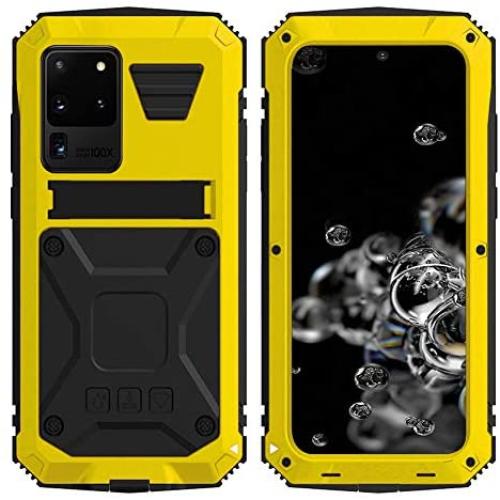 Simicoo Samsung S20 Ultra Metal Bumper Silicone Case Hybrid Military Shockproof Heavy Duty Rugged Defender case Built-in Screen Protector Stand Camera Lens Protector Cover for S20 Ultra (Yellow)