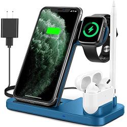 Powlaken Wireless Charger, 4 in 1 Wireless Charging Station Dock for Apple iWatch Series Se 6 5 4 3 2 1, AirPods Pro and Pencil, Charging Stand for iPhone 11, 11 Pro max, Xr, Xs max, X(Blue)