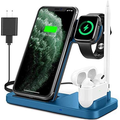 Powlaken Wireless Charger, 4 in 1 Wireless Charging Station Dock for Apple iWatch Series Se 6 5 4 3 2 1, AirPods Pro and Pencil, Charging Stand for iPhone 11, 11 Pro max, Xr, Xs max, X(Blue)