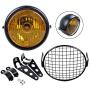 Set 6-1/2 Round Amber Lens Headlight + Metal Mesh Grille Cover + 35mm-43mm Headlamp Mount Brackets