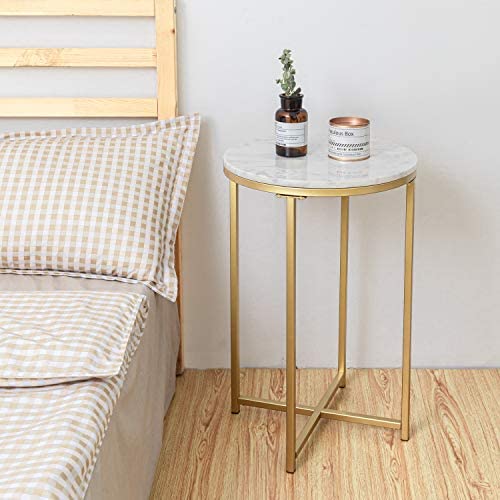 Round Side End Table with Marble Top&Gold Base, Modern Bedside Small Coffee Table for Bedroom Living Room, 16'' D 25'' H