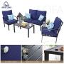 MFSTUDIO 4 Piece Outdoor Metal Furniture Sets Patio Cushioned Conversation Set with 4 Free Pillows for Home, Porch, Lawn, (Loveseat, Coffee Table, 2 Single Chair),Navy-Blue