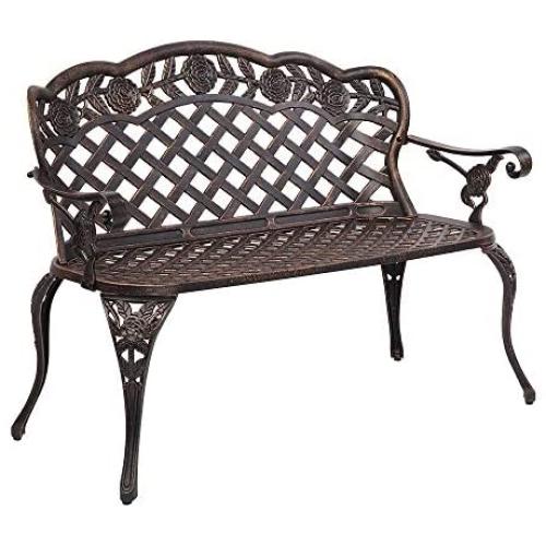 VINGLI 42.5'' Patio Garden Bench Outdoor Metal Rose Loveseat,Cast Iron Cast Aluminium Frame Antique Finish Park Chair,Accented Lawn Front Porch Path Yard Bronze Decor Deck Furniture for 2 Person Seat