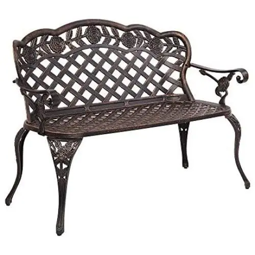 VINGLI 42.5'' Patio Garden Bench Outdoor Metal Rose Loveseat,Cast Iron Cast Aluminium Frame Antique Finish Park Chair,Accented Lawn Front Porch Path Yard Bronze Decor Deck Furniture for 2 Person Seat