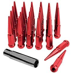 24pc Spike Lug Nut 14x2 Red 4.4'' Tall Offroad Extended Metal Lugs Premium, 1 Socket Key Included