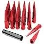 24pc Spike Lug Nut 14x2 Red 4.4'' Tall Offroad Extended Metal Lugs Premium, 1 Socket Key Included