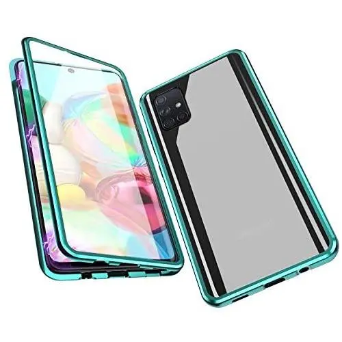 Jonwelsy Magnetic Adsorption Case for Samsung Galaxy A71, 360 Degree Front and Back Clear Tempered Glass Flip Cover, Metal Bumper Frame for Samsung Galaxy A71 (Green)