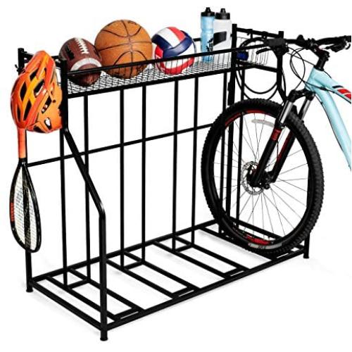 BirdRock Home 4 Bike Stand Rack with Storage – Metal Floor Bicycle Nook – Great for Parking Road, Mountain, Hybrid or Kids Bikes – Garage Organizer - Helmet - Sports Storage Station - Black