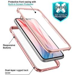 SURITCH Clear Case for iPhone 11, [Built in Screen Protector][9H Tempered Glass Back][Metallic Electroplated] Shockproof Hard Full Body Protection Silicone Bumper Cover for iPhone 11 6.1''(Rose Gold)