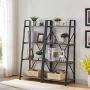 BON AUGURE Ladder Shelf 4 Tier Leaning Industrial Bookshelf, Rustic Wood Metal Ladder Bookcase, Standing Storage Book Shelves for Living Room (Dark Gray Oak)