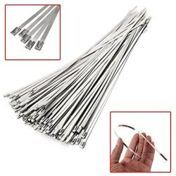 HYCC 100pcs 11.8 Inches 304 Stainless Steel Cable Zip Ties Exhaust Wrap Coated Locking