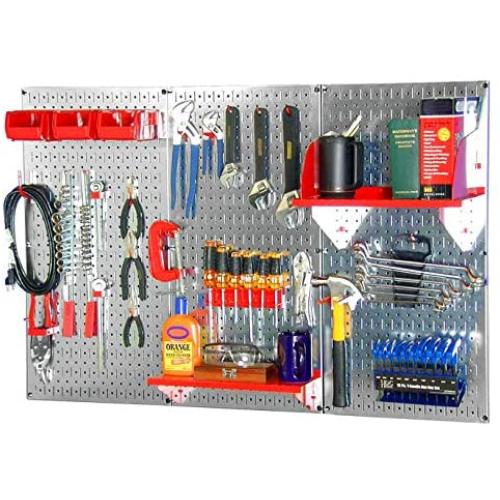 Wall Control 30WRK400GVR 4-Feet Metal Pegboard Standard Tool Storage Kit with Galvanized Toolboard and Red Accessories
