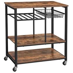 VASAGLE ALINRU Kitchen Cart, Kitchen Baker’s Rack, Utility Storage Shelf with Bottle Holder, Industrial Microwave Stand, Rustic Brown UKKS80X