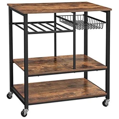 VASAGLE ALINRU Kitchen Cart, Kitchen Baker’s Rack, Utility Storage Shelf with Bottle Holder, Industrial Microwave Stand, Rustic Brown UKKS80X