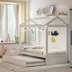 House Bed Daybed Twin Size Bed Frame with Trundle and Roof, Twin Trundle Daybed for Kids, No Box Spring Needed (White (Trundle House Daybed))