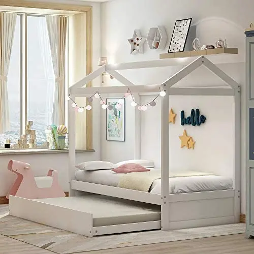 House Bed Daybed Twin Size Bed Frame with Trundle and Roof, Twin Trundle Daybed for Kids, No Box Spring Needed (White (Trundle House Daybed)) House Bed Daybed Twin Size Bed Frame with Trundle and Roof, Twin Trundle Daybed for Kids, No Box Spring Needed (White (Trundle House Daybed))