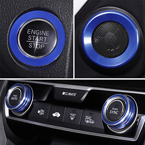 for Honda Civic 10th Gen Audio Speaker Cover Engine Start Stop Buttom Emblem, AC Switch Temperature Climate Knob Ring,Interior Accessories(Blue)