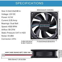 GDSTIME 4500RPM 8cm 80mm x 80mm x 25mm 12v Big Airflow High Speed Dual Ball Bearing Brushless DC Cooling Fan 2 Pin