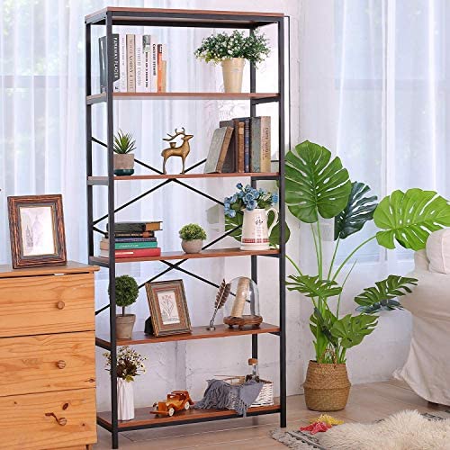 5 Tier Industrial Bookshelf, Tall Bookshelf, Vintage Free Standing Storage Shelf Units, Metal and Wood Book Shelves for Bedroom Living Room Home Office