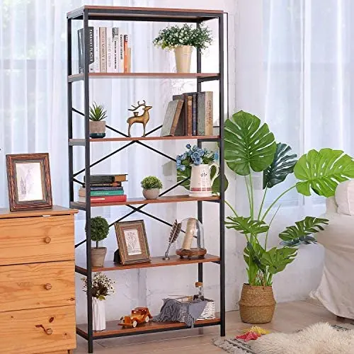 5 Tier Industrial Bookshelf, Tall Bookshelf, Vintage Free Standing Storage Shelf Units, Metal and Wood Book Shelves for Bedroom Living Room Home Office 5 Tier Industrial Bookshelf, Tall Bookshelf, Vintage Free Standing Storage Shelf Units, Metal and Wood Book Shelves for Bedroom Living Room Home Office