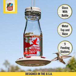 More Birds Jersey Hummingbird Feeder, Glass Milk Bottle, 5 Feeding Ports and 18-Ounce Nectar Capacity