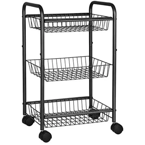 SONGMICS 3-Tier Metal Rolling Cart on Wheels with Baskets, Lockable Utility Trolley with Handles for Kitchen Bathroom Closet, Storage with Removable Shelves, Black UBSC03BK SONGMICS 3-Tier Metal Rolling Cart on Wheels with Baskets, Lockable Utility Trolley with Handles for Kitchen Bathroom Closet, Storage with Removable Shelves, Black UBSC03BK