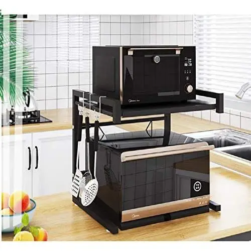 Metal Microwave Oven Rack Toaster Stand Shelf Expandable Kitchen Supplies Tableware Storage Counter Space Saver Cabinet Organizer Spice Holder with 3 Hooks, 60lbs Weight Capacity Black Stainless Steel Metal Microwave Oven Rack Toaster Stand Shelf Expandable Kitchen Supplies Tableware Storage Counter Space Saver Cabinet Organizer Spice Holder with 3 Hooks, 60lbs Weight Capacity Black Stainless Steel