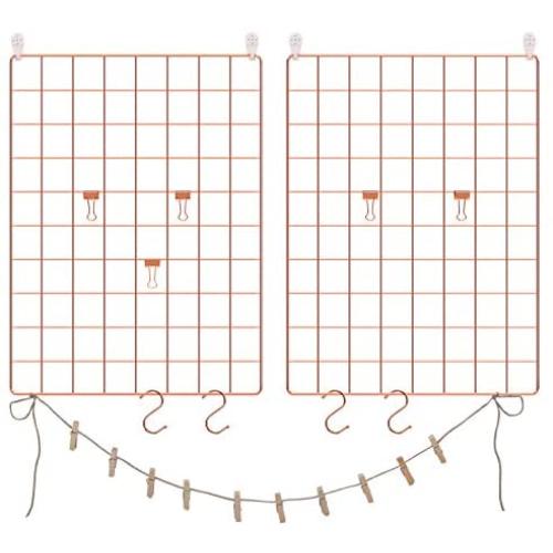 SONGMICS Grid Panel, Photo Wall Display, Metal Mesh Wall Decor, Multifunctional Hanging Picture Wall, DIY, Art Display, S Hook, Clip, Hemp Cord, Set of 2, Rose Gold, ULPP01DR