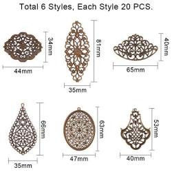 PH PandaHall 120pcs 6 Style Antique Bronze Iron Filigree Connectors Charms Pendants Metal Embellishments for DIY Hairpin Headwear Earring Jewelry Making