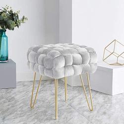 Ornavo Home Mirage Modern Contemporary Square Woven Upholstered Velvet Ottoman with Gold Metal Legs - Silver